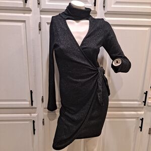 Identity Black Gray Speckled Long Sleeve Wrap Dress W/Turtle Vneck & Side Tie